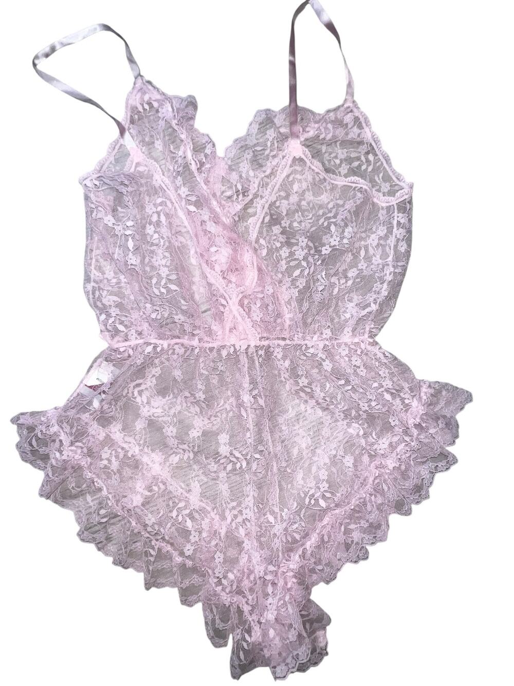 Vintage CINE STAR pink ruffled Lace teddy Bodysuit lingerie sz Medium